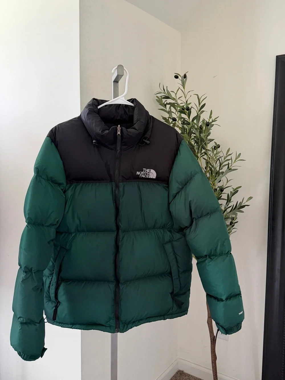 The North Face 700 puffer jacket in black/green color-blocked design, size XXL